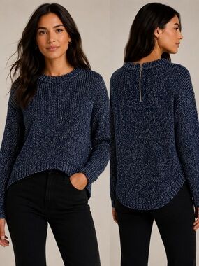 Women's Navy Crewneck Zip-Back Chenille Sweater